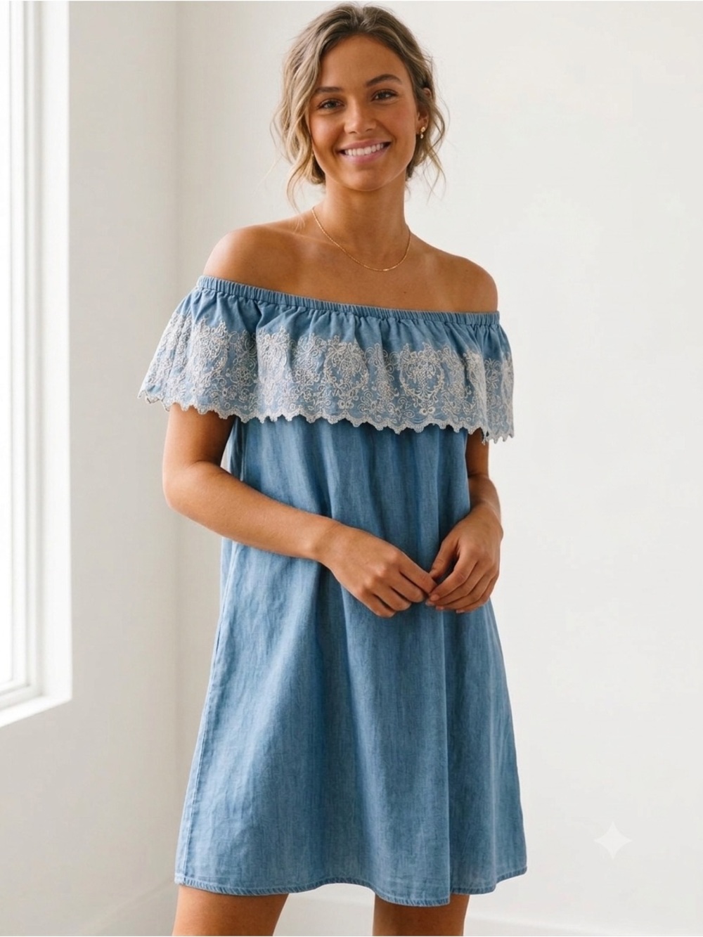 Belle Tweed 1X Chambray Off Shoulder Embroidered Lace Cotton Dress NWT